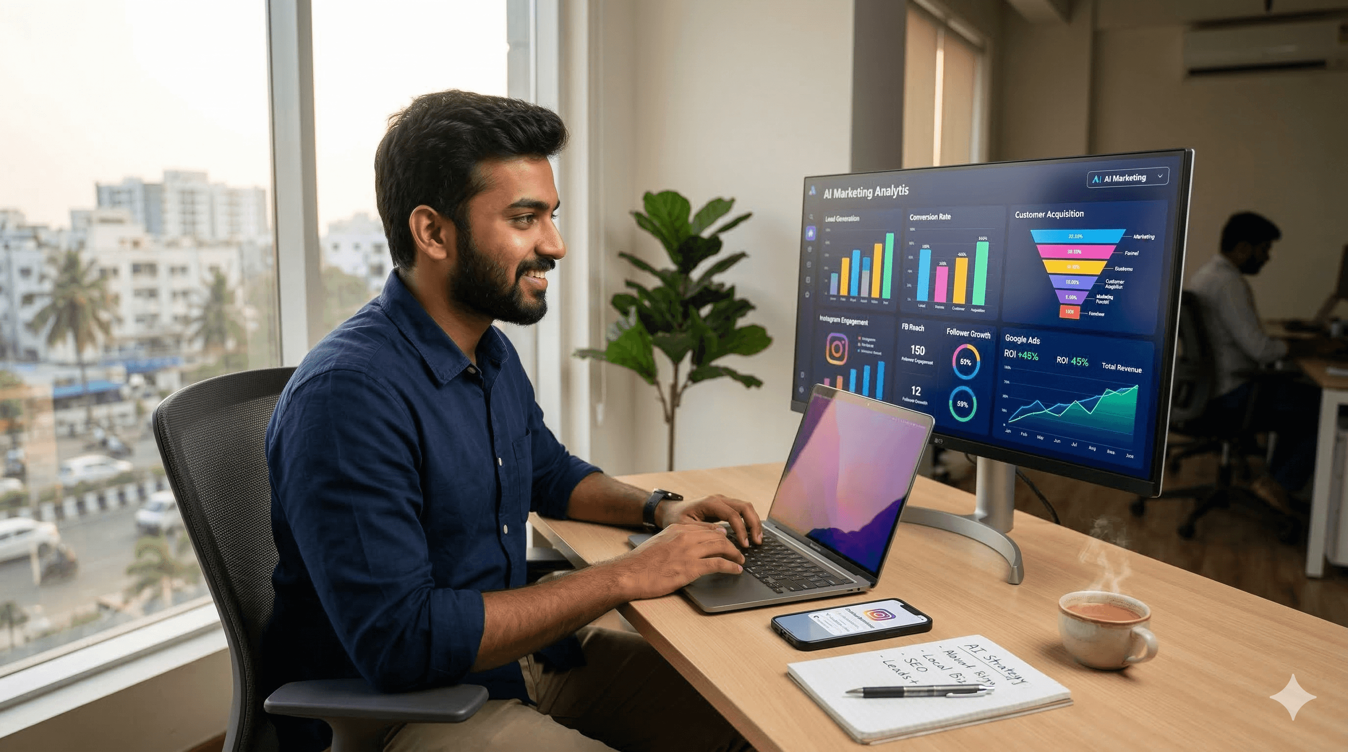 Indian entrepreneur using AI marketing dashboard to generate leads for local business