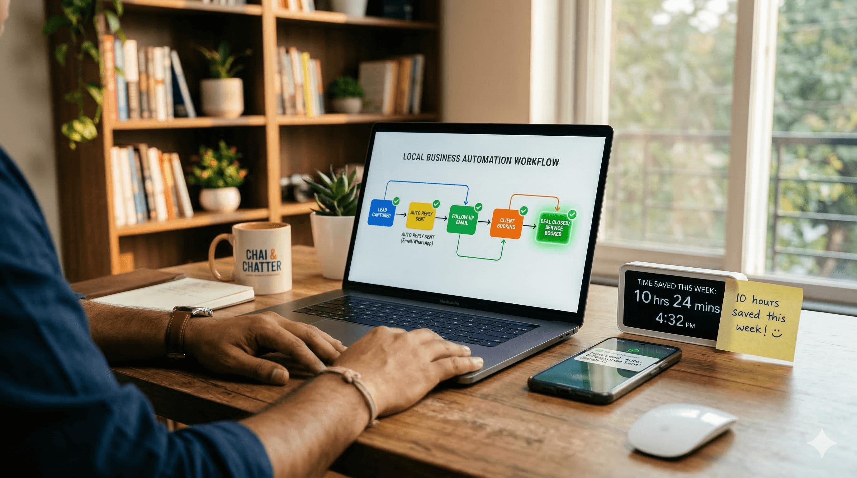 Marketing automation workflow showing a lead progressing to a closed deal