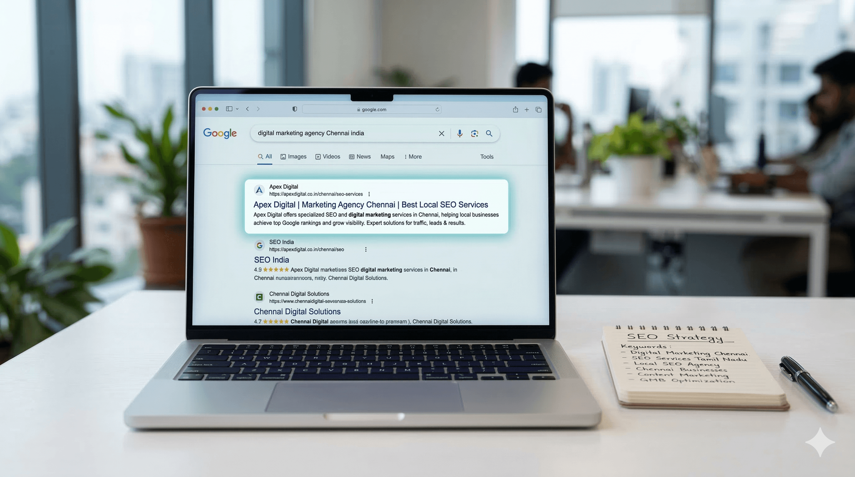Laptop showing Google search results while planning a keyword strategy