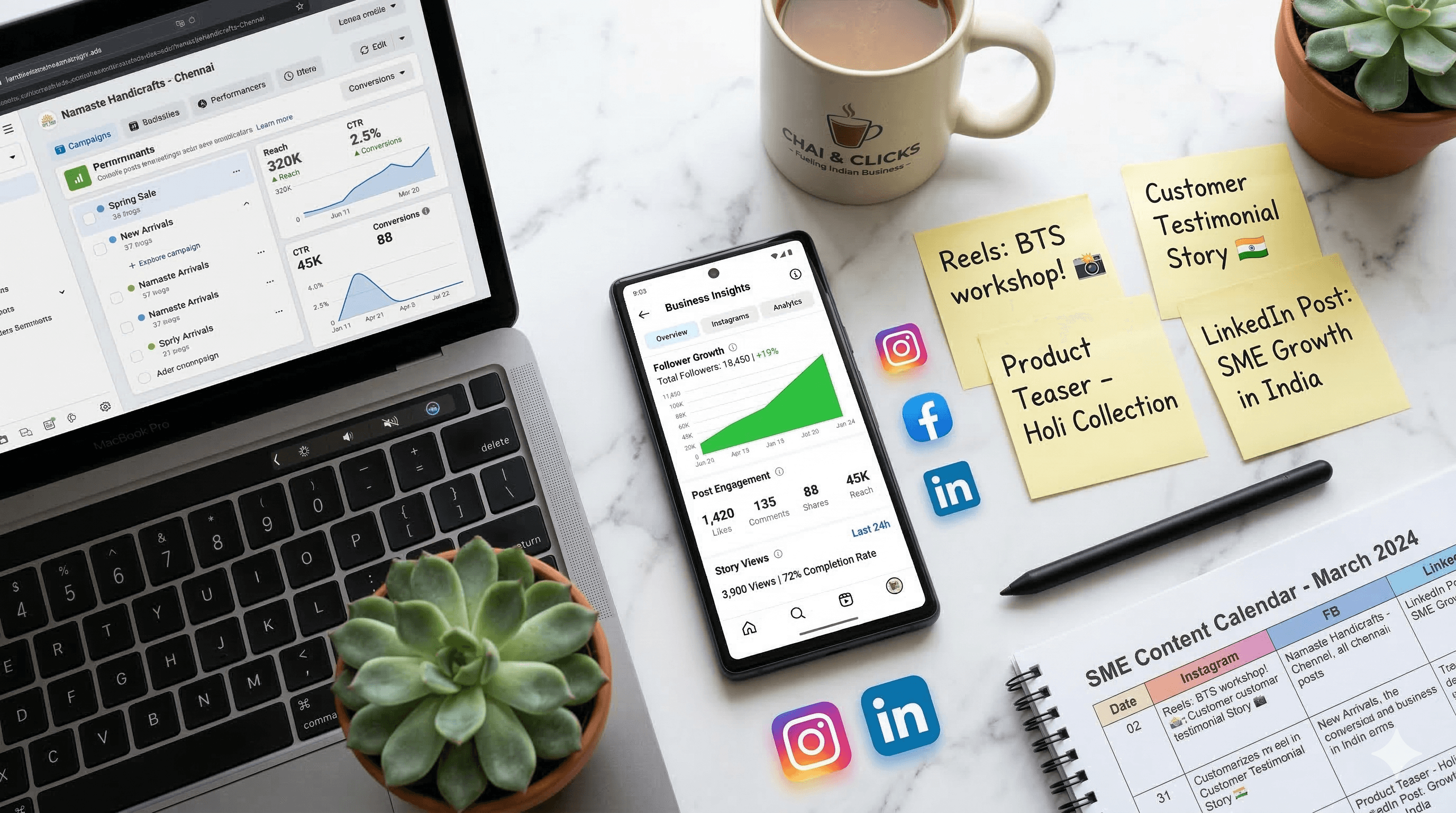 Social media content calendar and analytics on a laptop and phone
